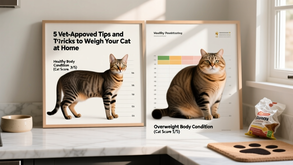 Side-by-side comparison showing healthy vs. overweight cat body condition scoring charts