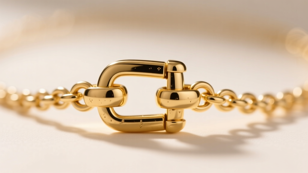 Macro shot of a 14k gold safety barrel clasp on a baby necklace, highlighting the secure lock mechanism and smooth polished edges.