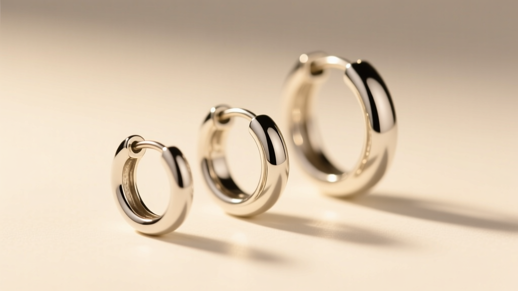 Macro shot of a curated ear stack with three small silver hoop earrings in varying thicknesses against soft, warm studio lighting.