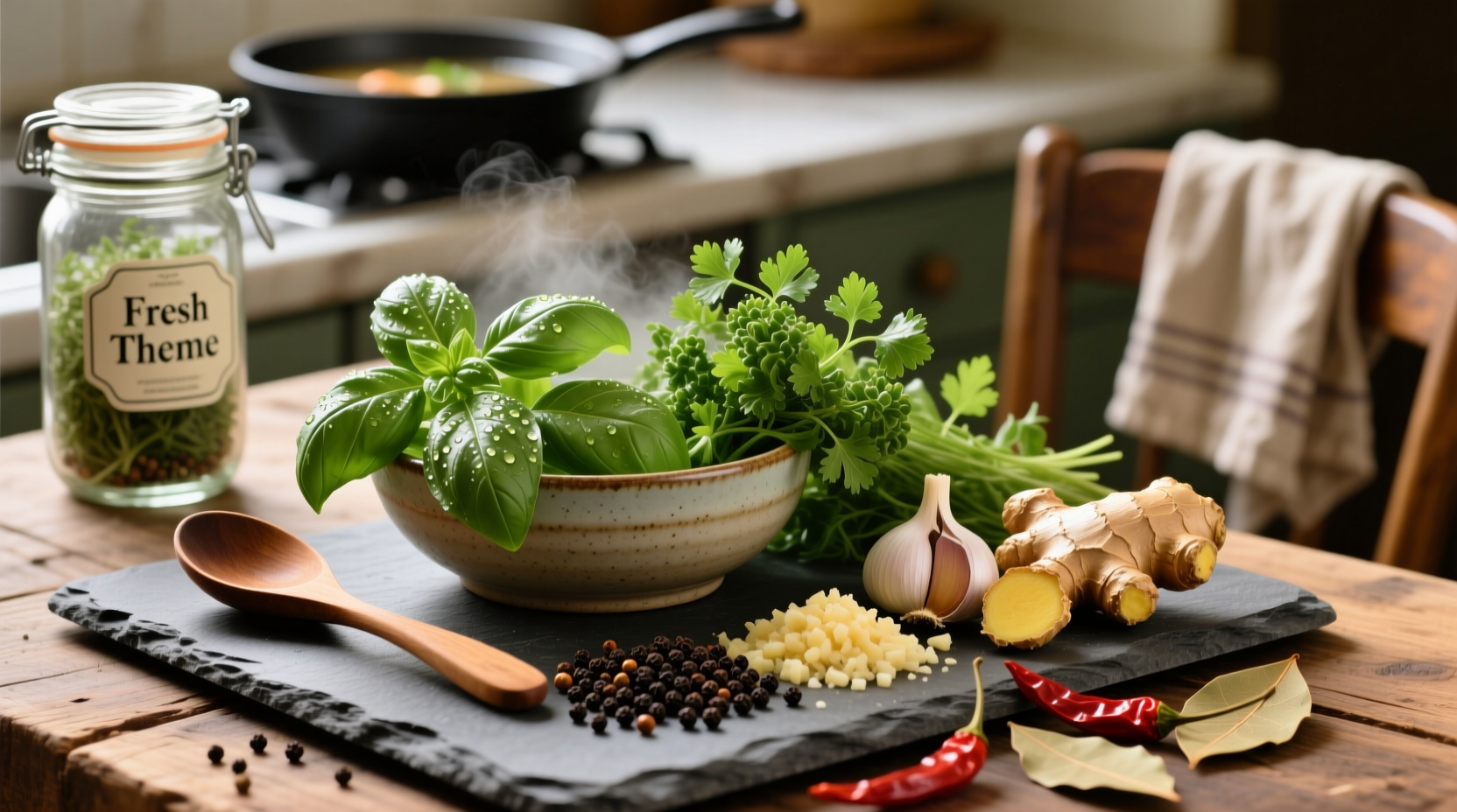 Fresh herbs arranged for soup preparation showing proper storage in water