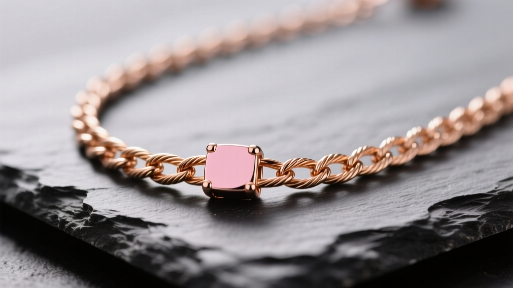 Macro shot of a solid 14k rose gold charm necklace on dark slate, highlighting the pink alloy hue and intricate cable chain links.