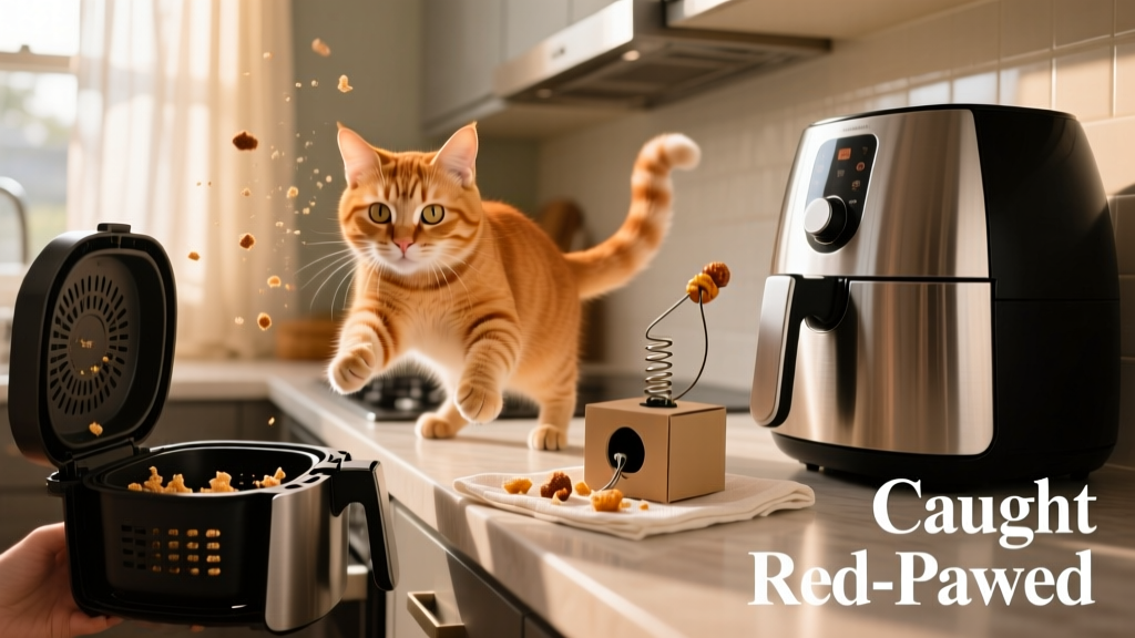 Cat playing with a treat-dispensing puzzle toy instead of approaching kitchen counter