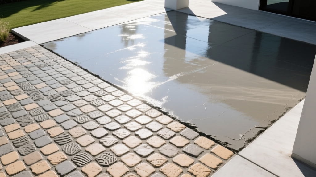 Overhead view of a freshly poured concrete patio featuring a stamped cobblestone pattern next to a smooth troweled section in bright sunlight