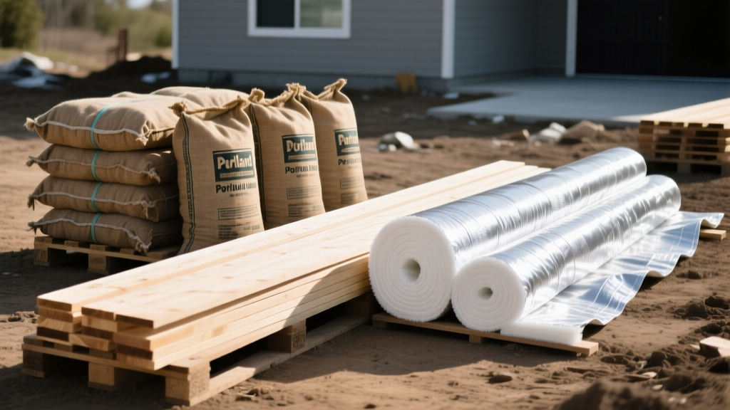 Pallets of structural lumber, Portland cement bags, and fiberglass insulation staged on a residential dirt foundation site