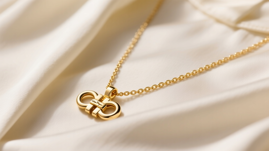 Close-up of a genuine gold-plated Salvatore Ferragamo Gancini pendant necklace resting on a cream silk blouse, soft studio lighting.