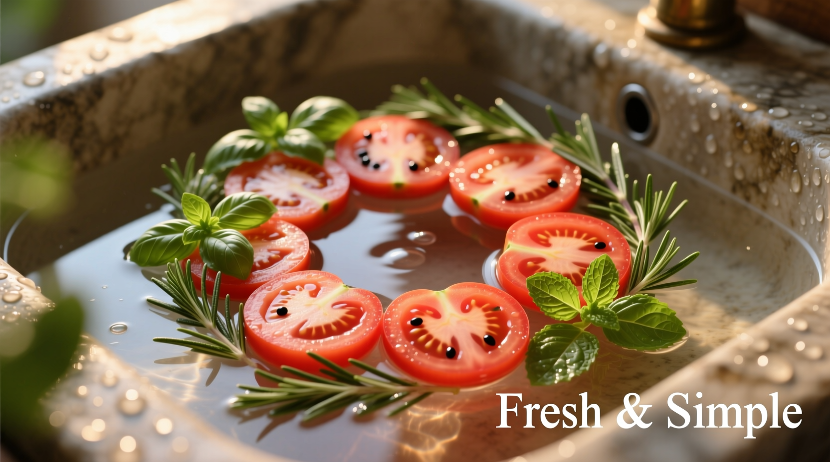 Fresh tomato slices in a bath with herbs