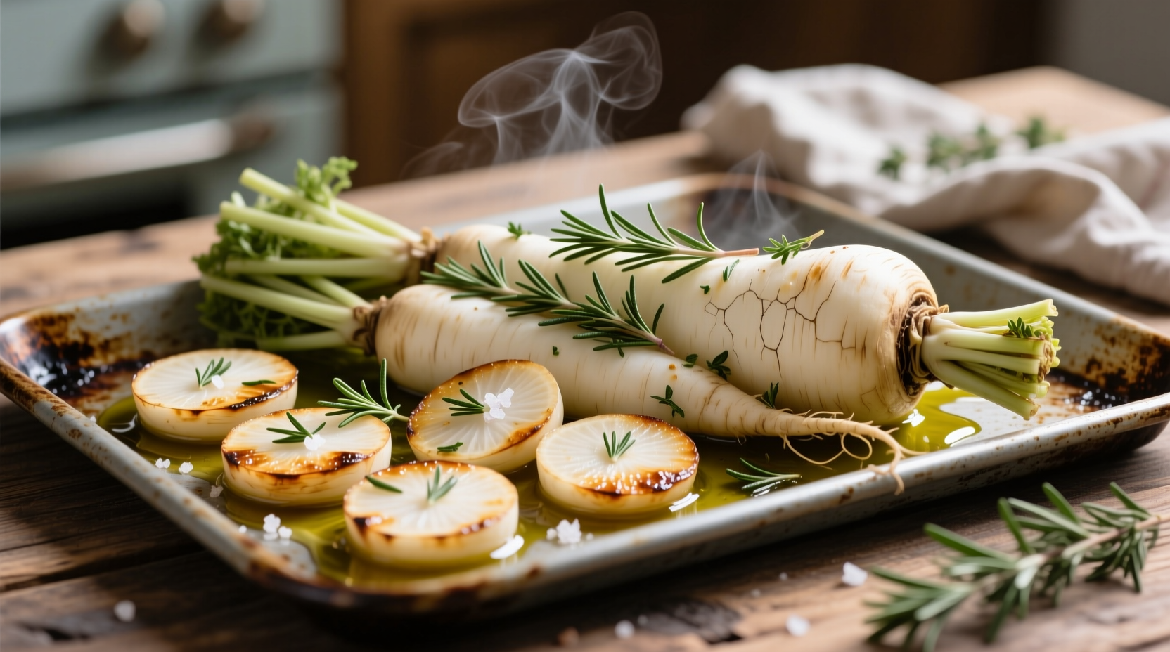 Fresh turnips roasted with herbs on baking sheet