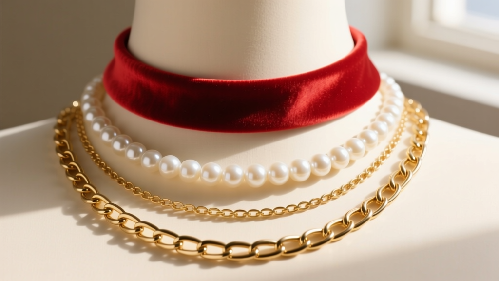 A layered necklace stack featuring a 14-inch red string choker, a 16-inch pearl strand, and an 18-inch gold paperclip chain.