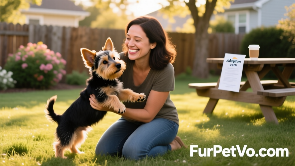 A happy adopter kneeling beside a newly adopted Norwich Terrier, both smiling, with FurPetVo.com logo subtly visible on a nearby adoption flyer