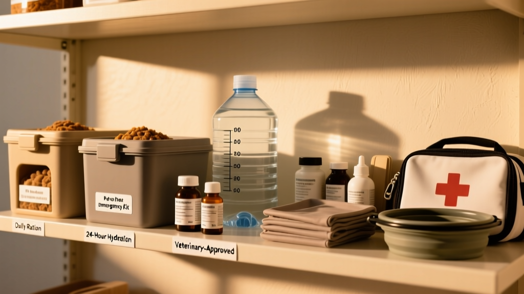 A neatly organized shelf holding labeled pet food bins, water jugs, medication bottles with clear dosage labels, and collapsible bowls