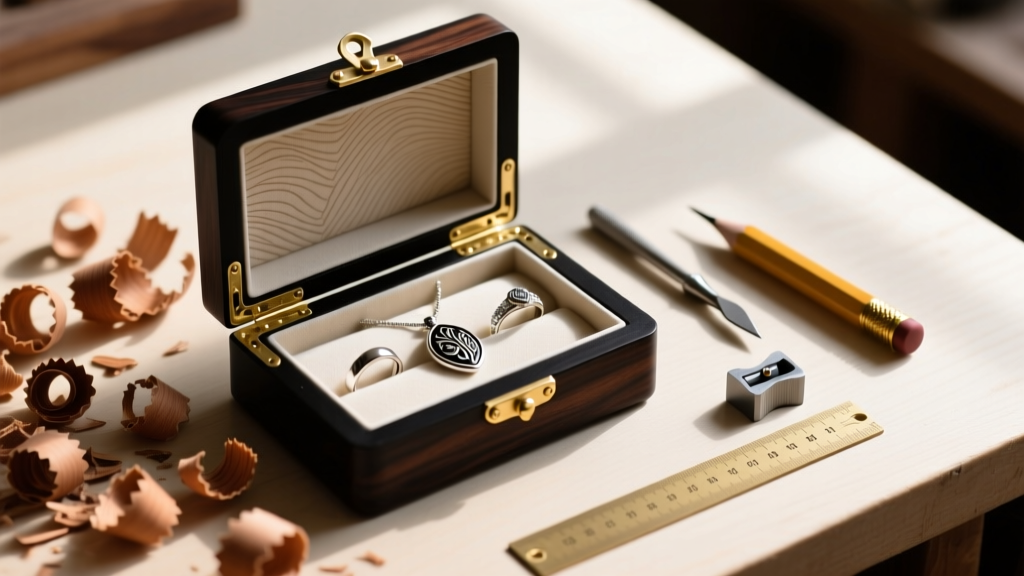 Overhead view of an open black walnut jewelry box with brass hinges on a workbench, surrounded by curled wood shavings and tools.