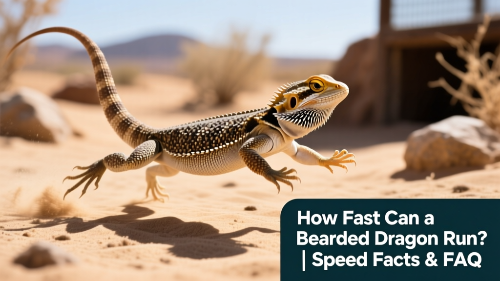 A bearded dragon sprinting across a sandy enclosure with legs extended and tail lifted