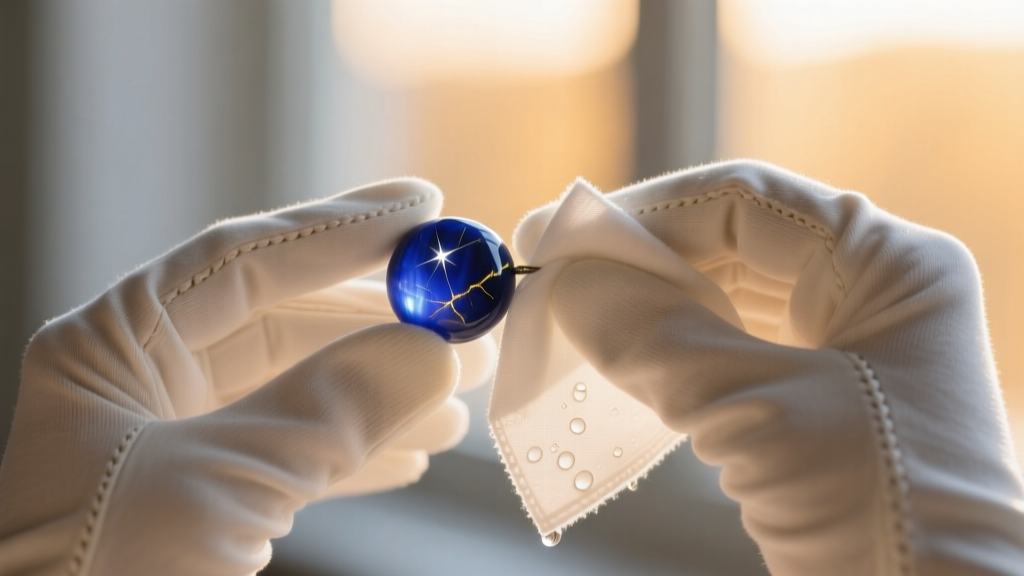 Gloved hands cleaning a lapis bead with a damp microfiber cloth, distilled water blurred in the soft background lighting.