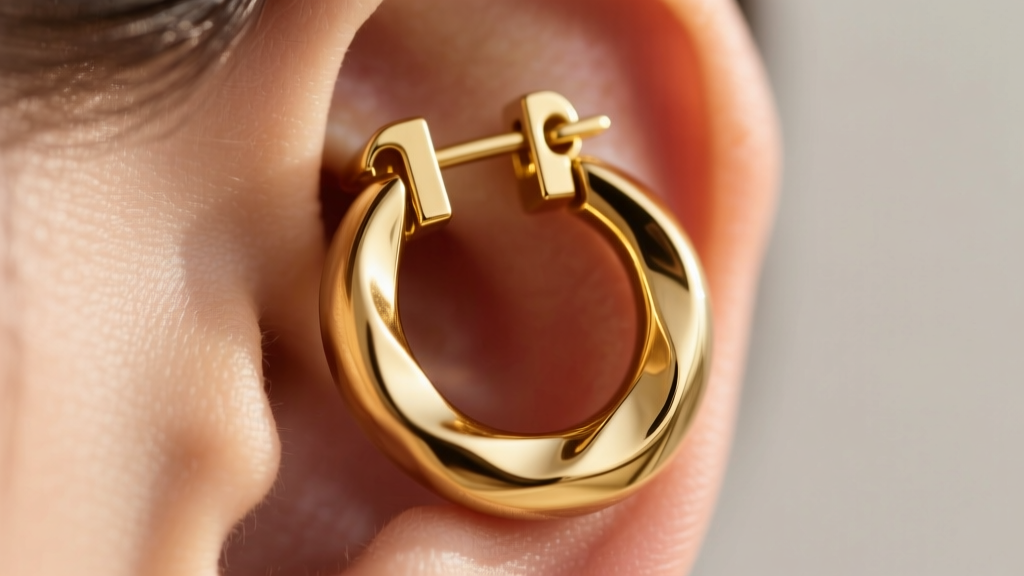 Macro shot of thick 14k gold hoop earrings on an earlobe, showing a wide omega clip backing designed to support heavy weight.