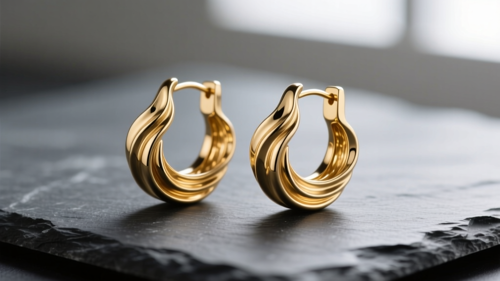 Macro shot of 14k gold wave earrings on dark slate highlighting undulating curves, polished finish, and precise metalwork details.