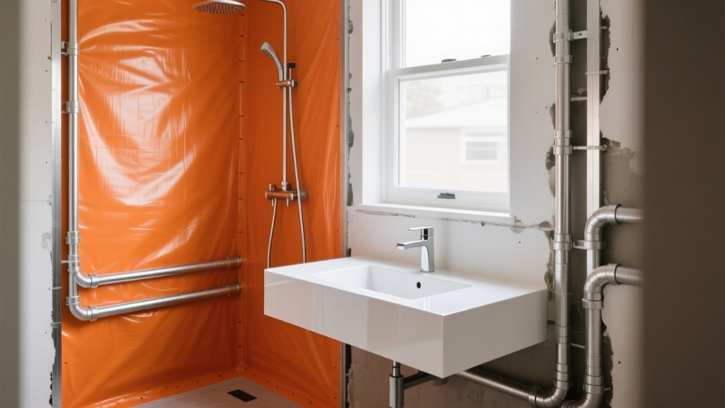 Framed bathroom construction showing exposed PEX plumbing, orange waterproofing membrane on shower walls, and a floating vanity