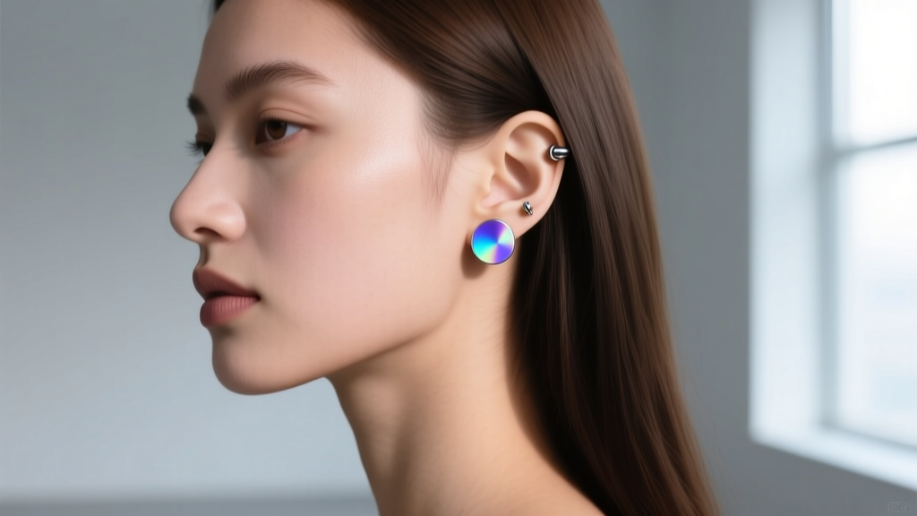 Side profile of a woman wearing a 16-gauge anodized titanium holographic flat-back stud in her upper helix cartilage piercing.