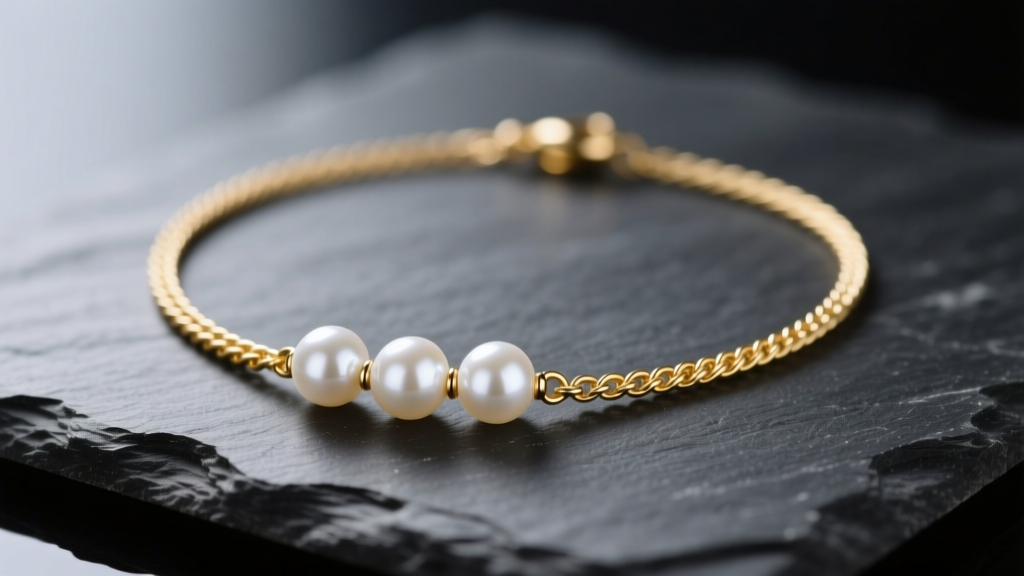 Close-up of a 14k gold cable chain necklace with three white freshwater pearls resting on dark slate under soft studio lighting.