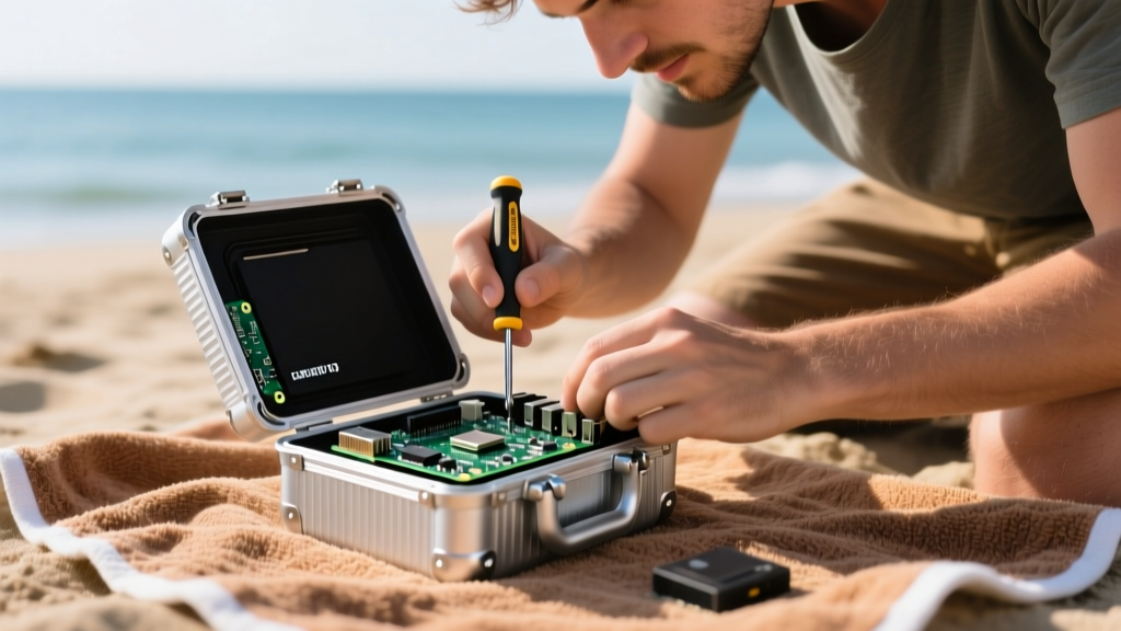 Tech enthusiast assembling a Raspberry Pi 5 inside a ruggedized IP67 waterproof aluminum enclosure on a sandy beach towel with ocean in background