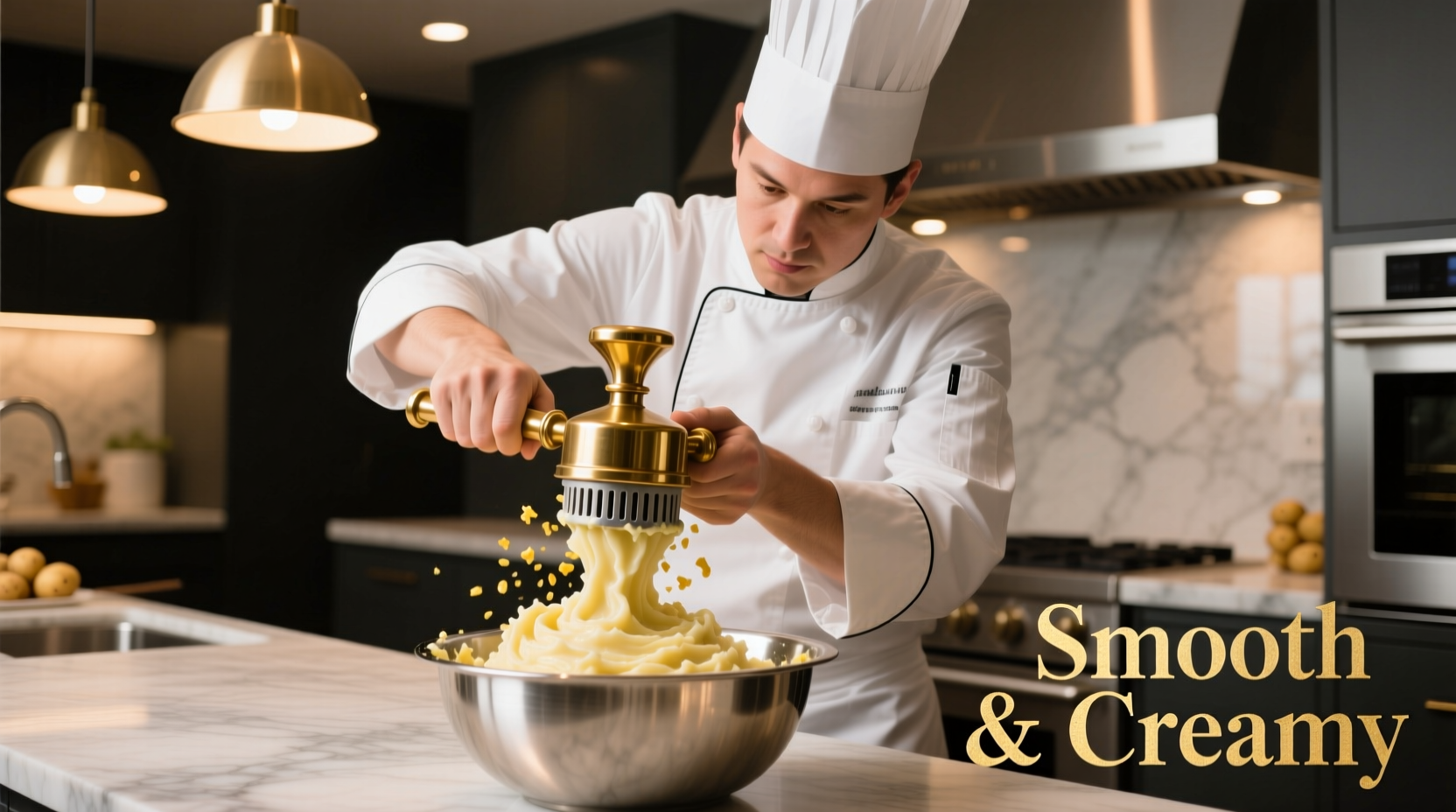 Professional chef using potato ricer for smooth mashed potatoes