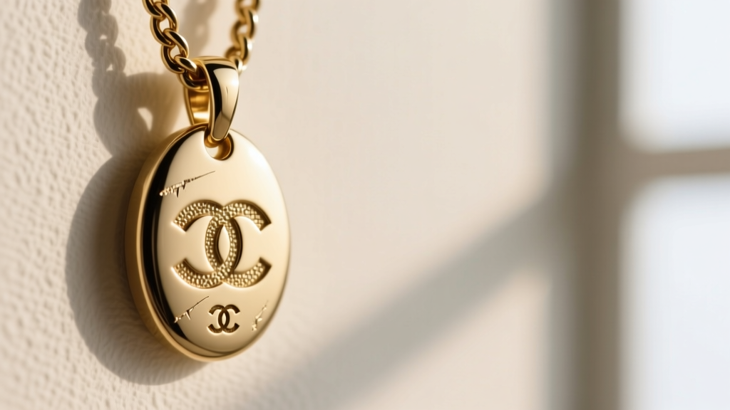 Macro photography of the back of a CC pendant showing the deep CHANEL stamp and authentic oval link chain attachment point.