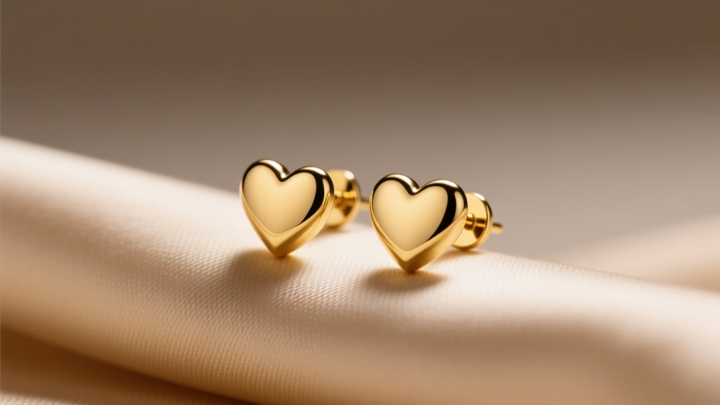 Polished 14k yellow gold heart stud earrings resting on beige silk fabric, illuminated by soft, warm directional studio lighting.