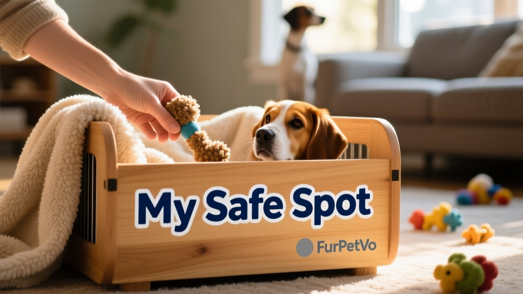 A gentle hand placing a soft blanket and chew toy inside a cozy, inviting crate labeled 'My Safe Spot' with FurPetVo branding
