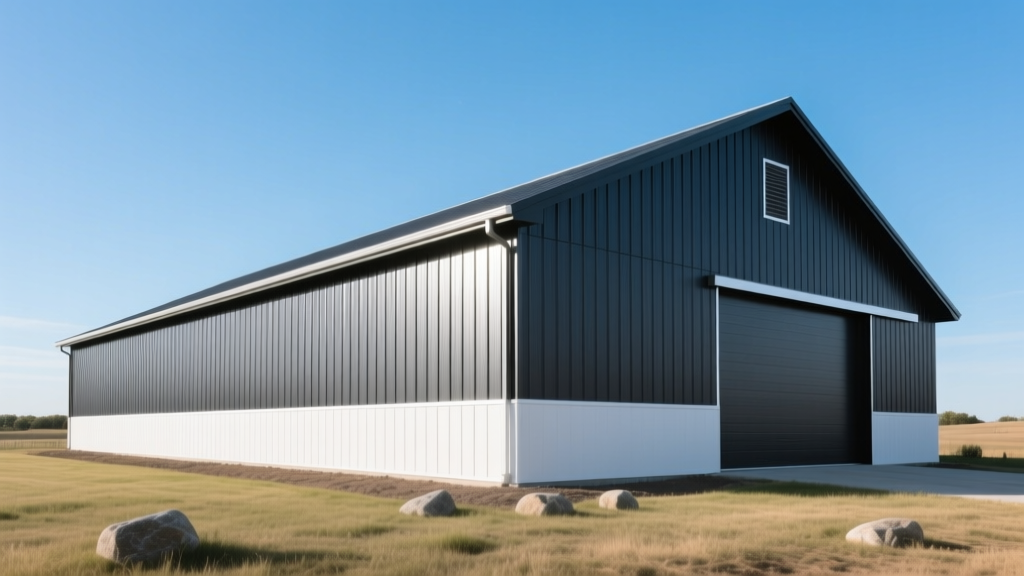 Newly constructed 40x60 pole barn with dark charcoal 26-gauge steel siding and white wainscoting base under clear blue sky