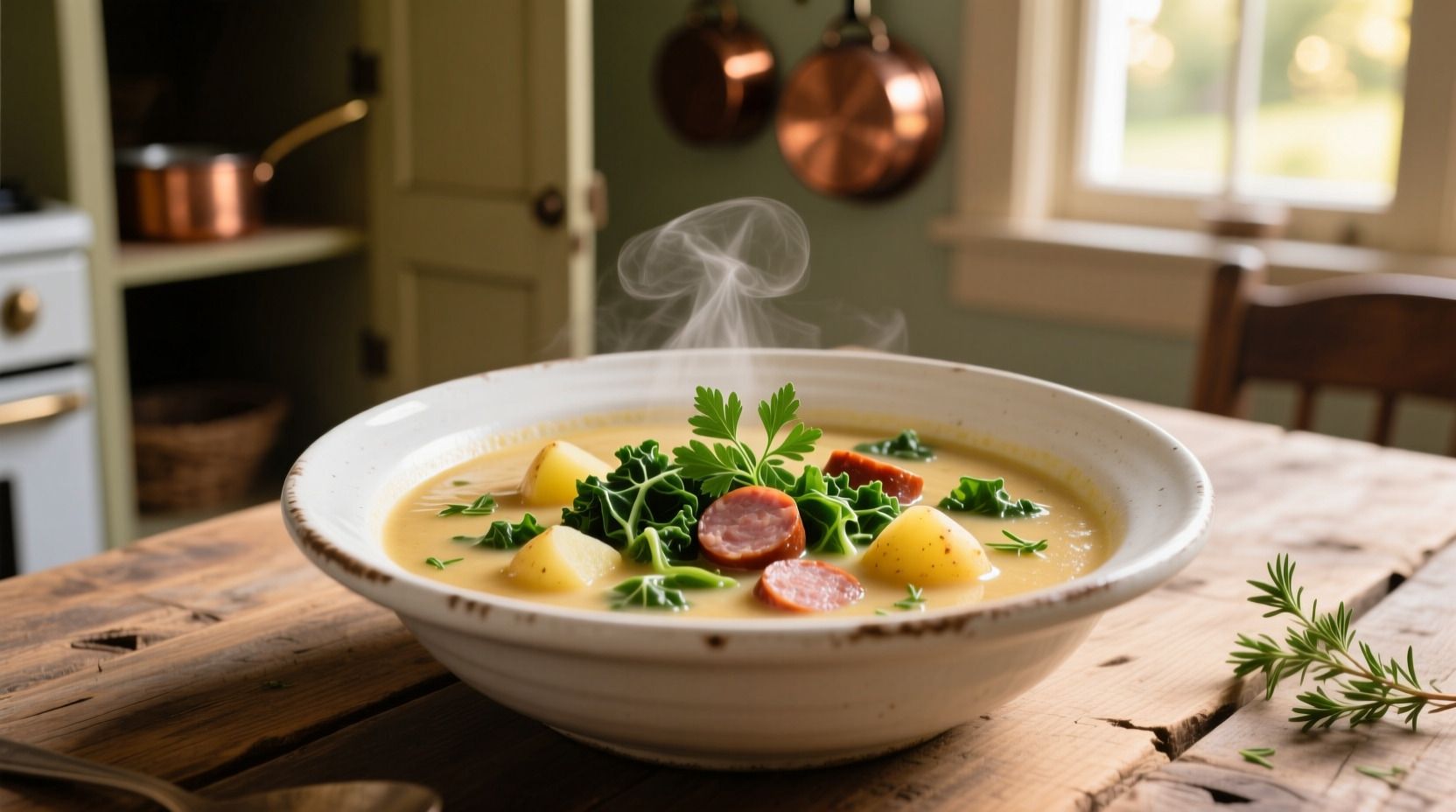Potato kale sausage soup in white bowl