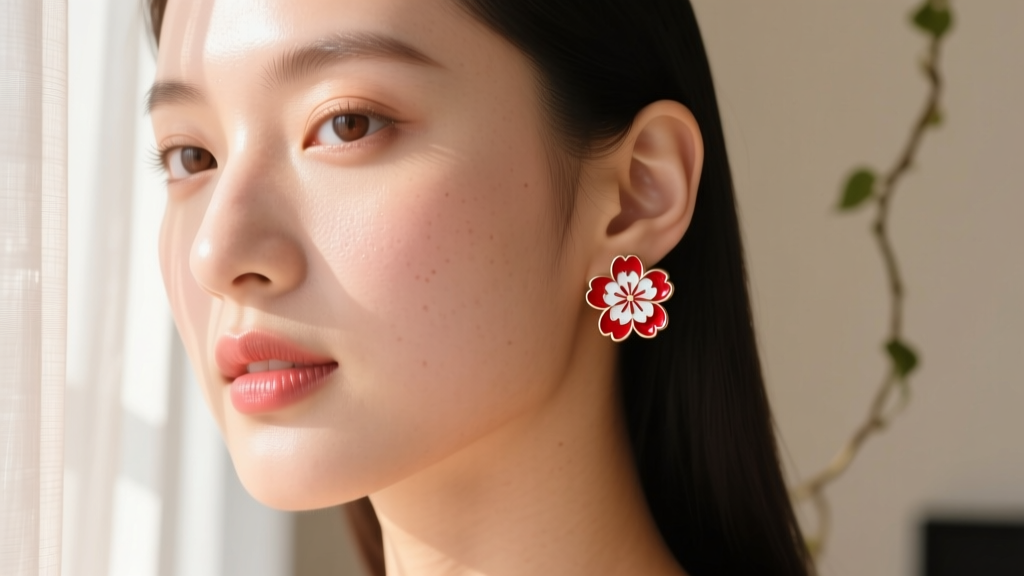 Close-up of a woman wearing 10mm floral hanafuda stud earrings with red and white enamel details against skin in natural sunlight.