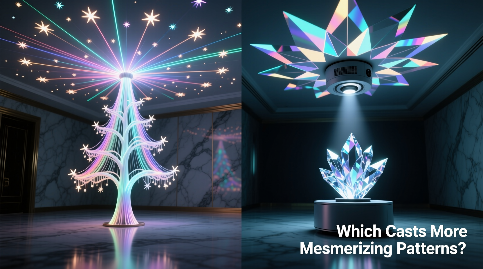 fiber optic tree toppers vs rotating crystal projectors which cast more mesmerizing ceiling patterns