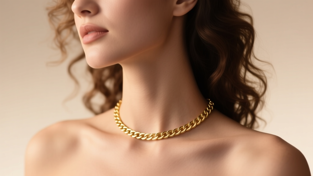 Woman wearing a delicate 14-inch 18k gold box chain choker resting at the base of her neck under soft, warm studio lighting