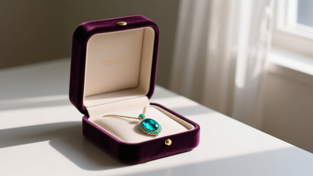 Velvet-lined jewelry box displaying a turquoise pendant necklace in a separate compartment, shielded from direct sunlight and dust
