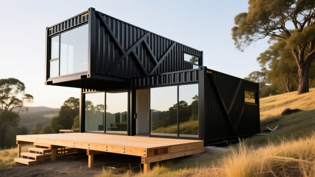 Modern two-story shipping container home with black corrugated metal siding, large glass windows, and a wooden deck under construction