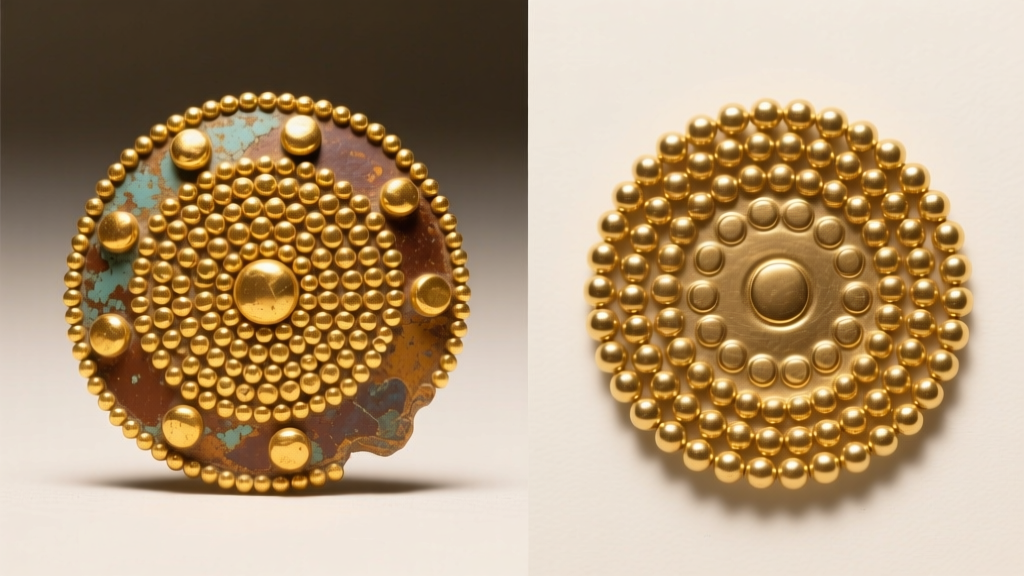 Authentic ancient Greek gold granulation compared to a modern fake with uniform stamped beads and bright modern solder joints