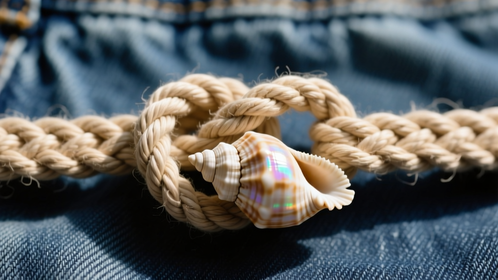 Macro view of a macrame sliding knot on waxed cotton cord, securing a 90s cowrie shell against a faded blue denim background.