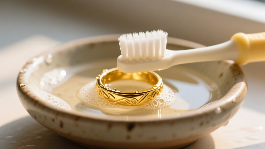 Macro shot of a soft baby toothbrush scrubbing a 14k yellow gold ring in a small ceramic dish filled with warm soapy water.