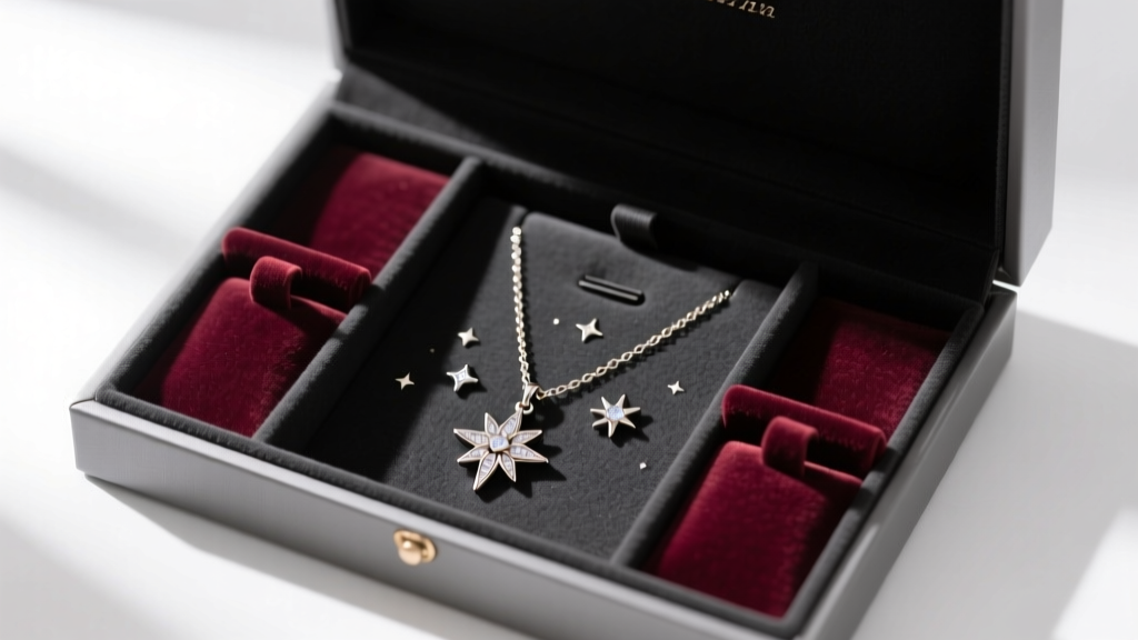 Anti-tarnish jewelry box displaying a celestial necklace, featuring activated charcoal lining and individual velvet storage slots.