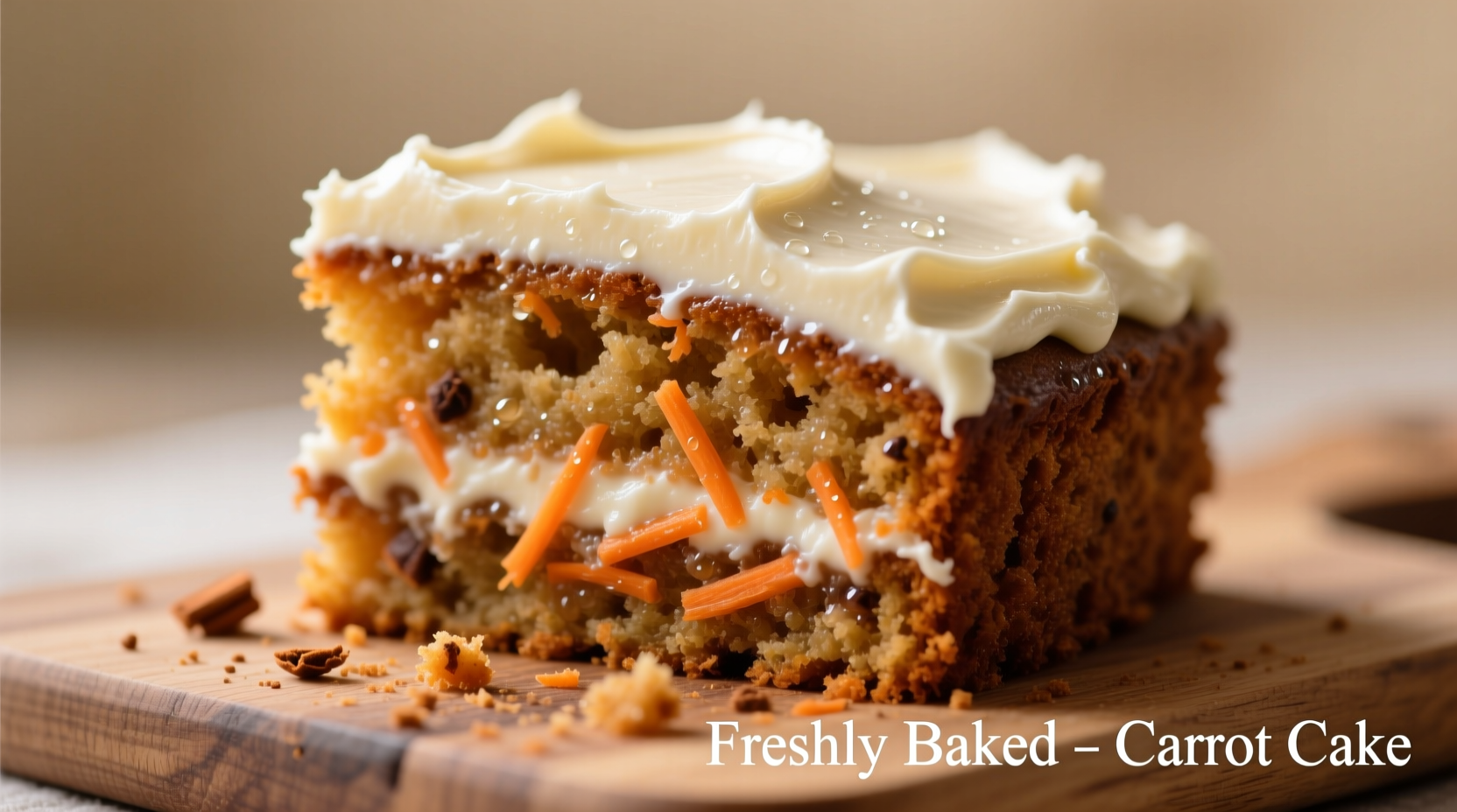 Moist slice of carrot cake with cream cheese frosting