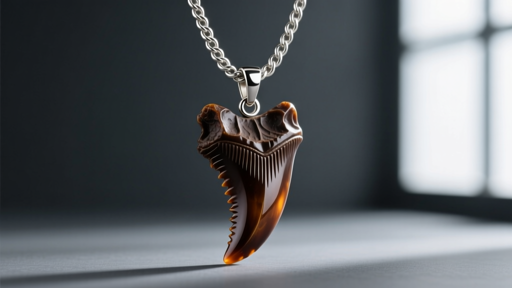 A 5-inch dark brown megalodon tooth fossil pendant on a thick 5mm sterling silver rope chain against a dark slate background