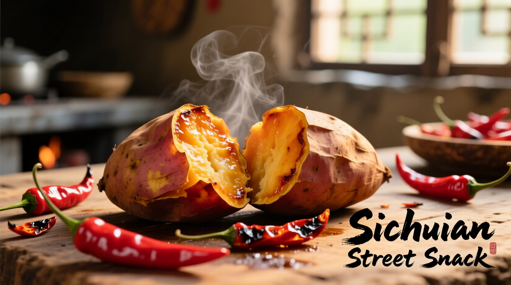 Roasted sweet potatoes with fresh red chillies