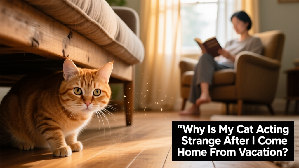 A cat cautiously peeking out from under a sofa, eyes wide, as their owner sits nearby calmly