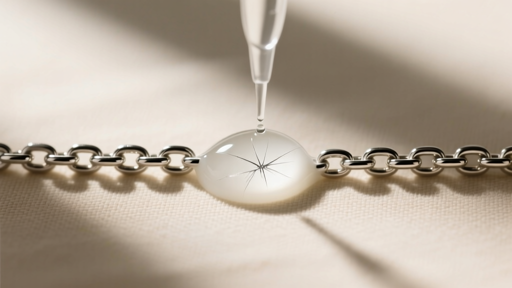 A drop of silver testing acid applied to a discreet scratch mark on a silver chain, turning a creamy white color to verify purity.