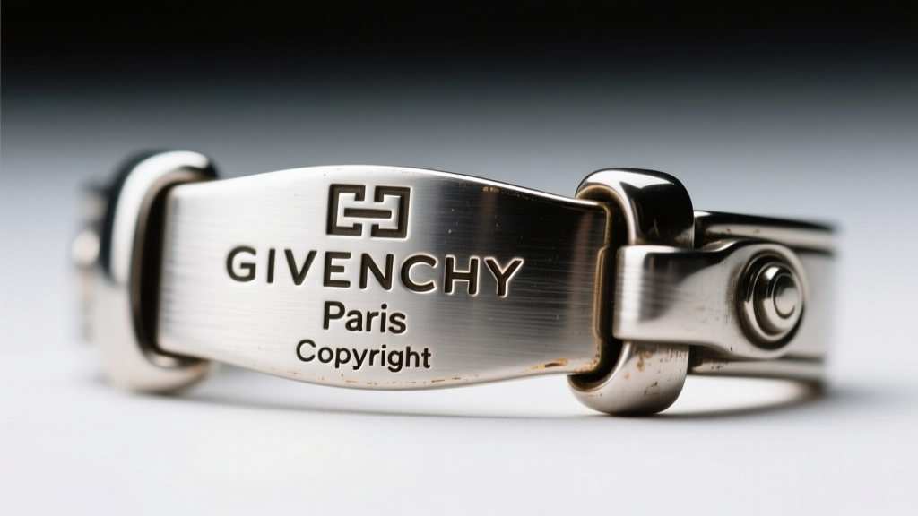 Macro shot of a vintage Givenchy clasp showing the stamped Givenchy Paris hallmark and copyright symbol in bright studio lighting.