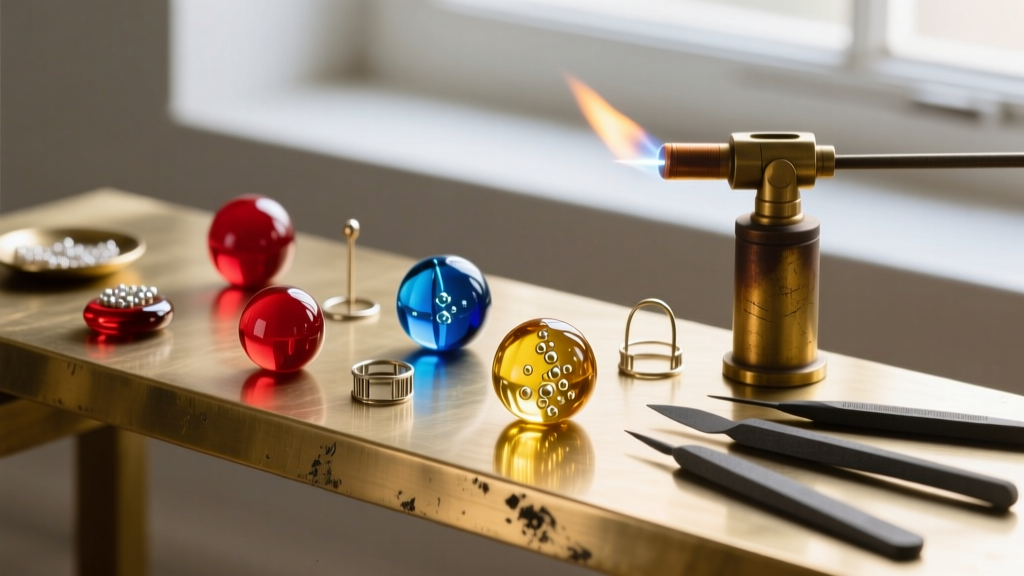 Vibrant lampwork glass beads arranged on a brass bench beside a jewelry torch, metal mandrels, and small graphite shaping tools.