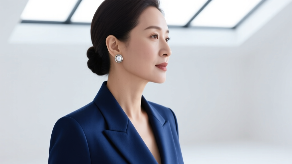 Professional woman in navy blazer wearing 9mm pearl stud earrings, soft studio lighting, sharp focus on the ear and jawline.