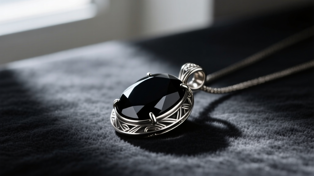 Polished black onyx pendant in oxidized sterling silver resting on dark velvet, with moody lighting highlighting the glassy luster.