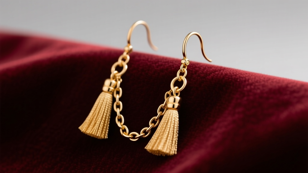 Gold vermeil chain tassel drop earrings on velvet, showing delicate jump rings and polished metal under soft studio lighting.