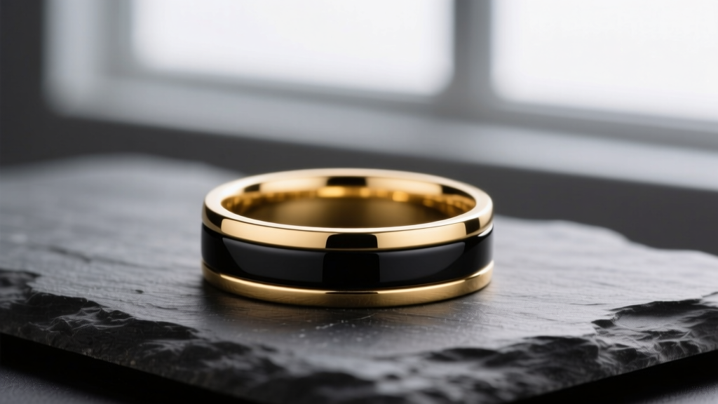 Close-up of a minimalist 14k solid gold memorial ring featuring a subtle matte black enamel inlay, resting on dark slate