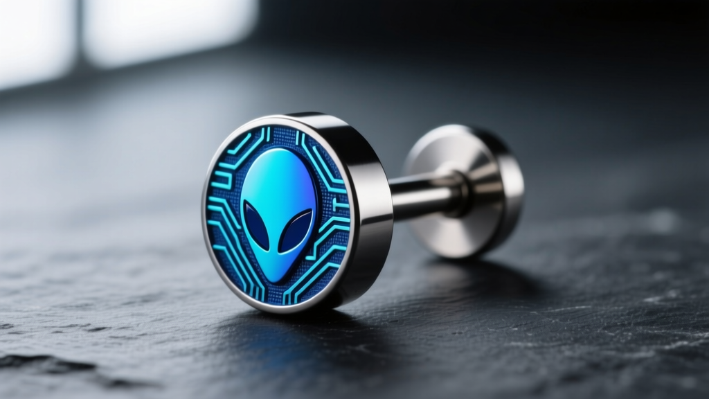 High-resolution scan of an implant-grade titanium flat back labret with a custom anodized blue alien character on dark slate.